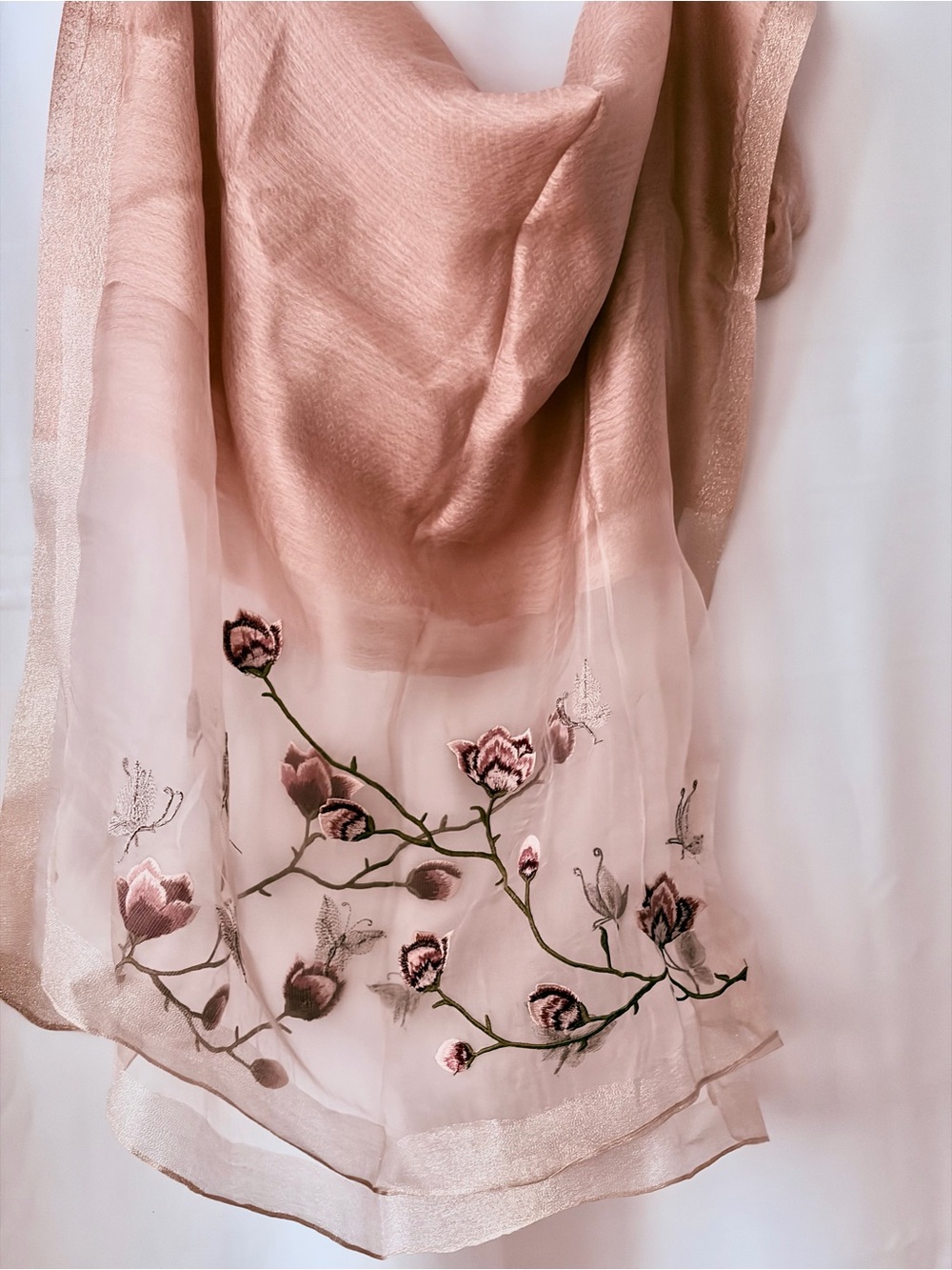 NWT 100% Silk Elegant Floral Embroidered Pink